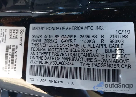 2020 Acura Tlx Standard из США, поврежденный, VIN 19UUB2F30LA002484